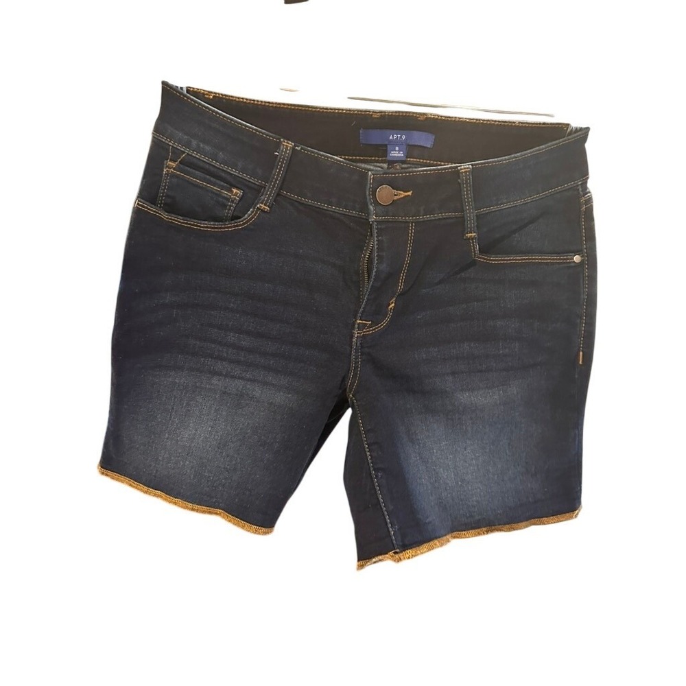 Apt. 9 Womens Dark Wash Denim Shorts Size 8 Raw Hem Stretch Five Pocket Indigo
